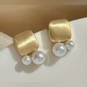 Gold Tone Square Studs with Faux Pearls New